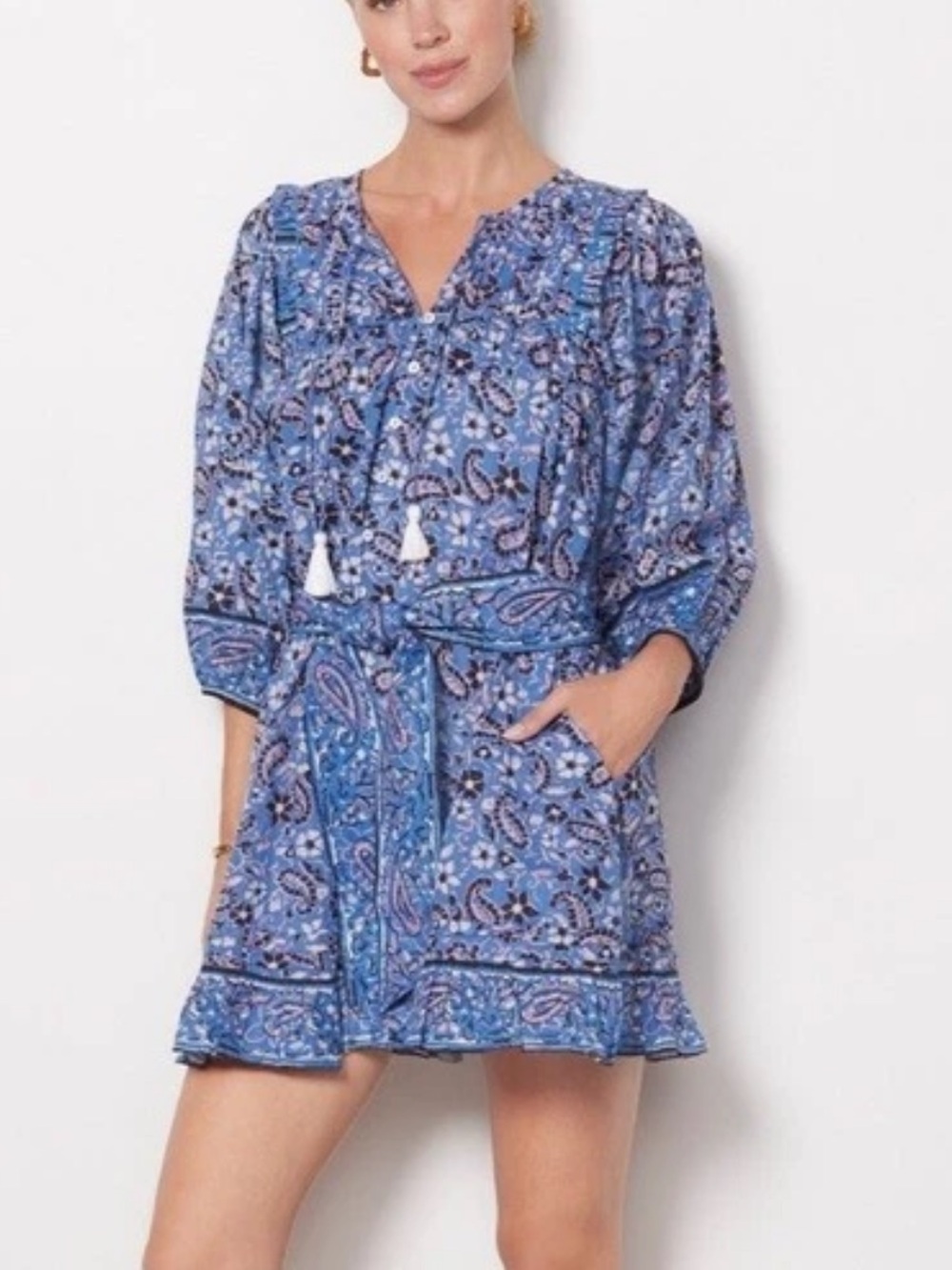 Cleobella Cora Mini Flowy Dress Blue Printed Size Small, Boho Festival Chic